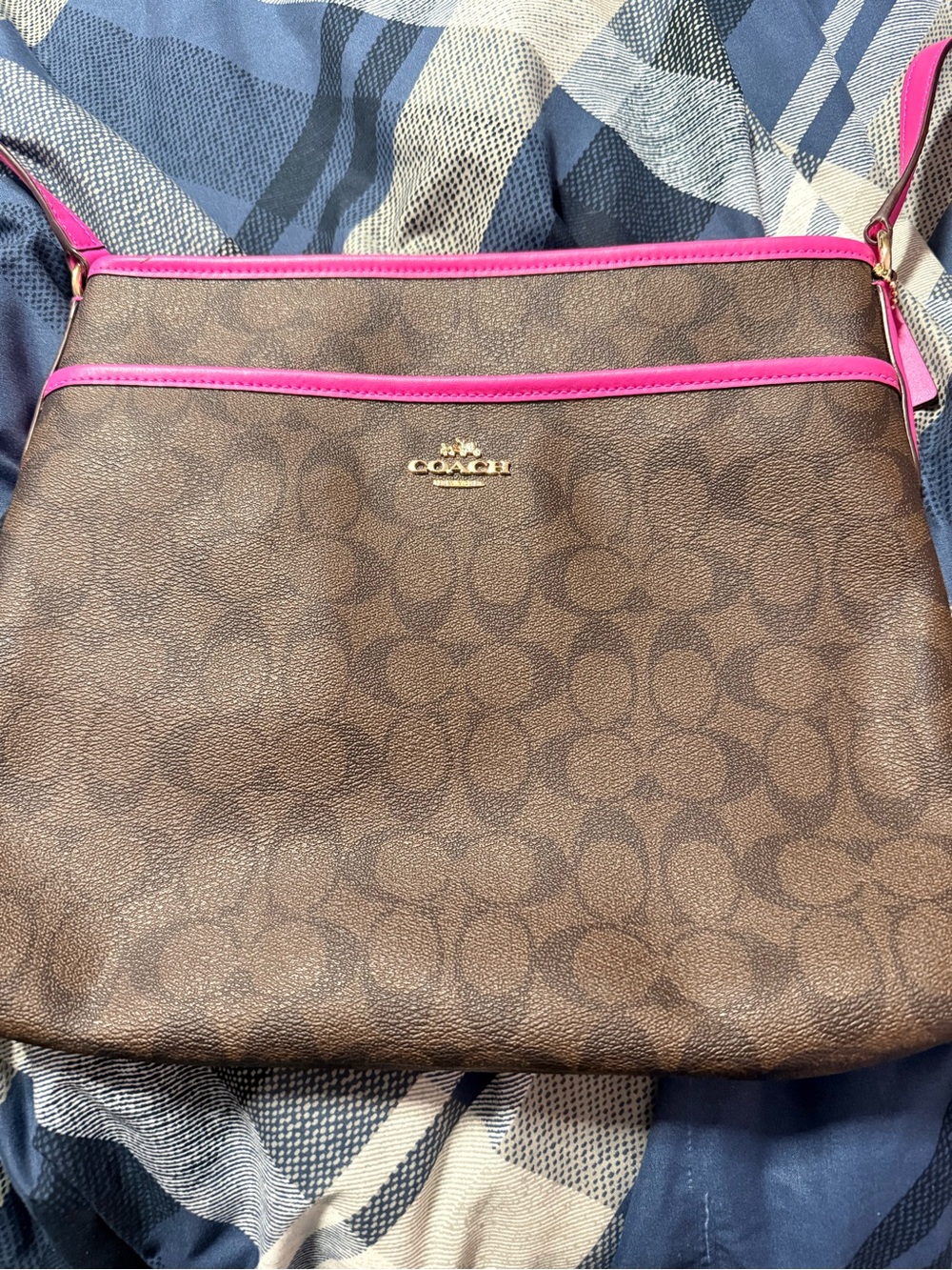 Coach Brown Signature Crossbody with Pink Trim